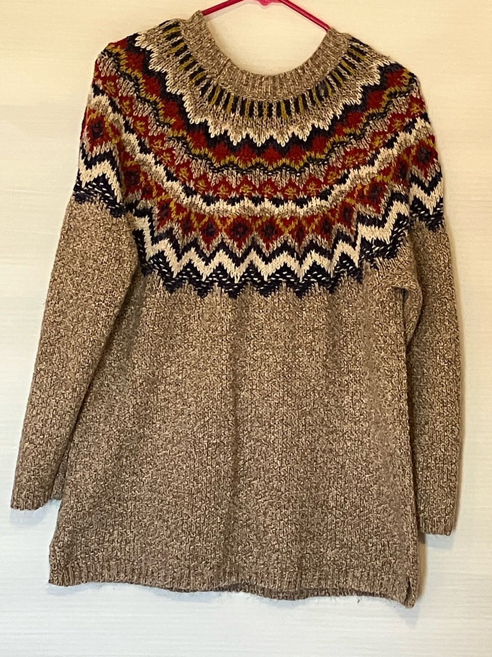 J. Jill Nordic Yoke Crew Sweater in Beige with Multicolor Fair Isle